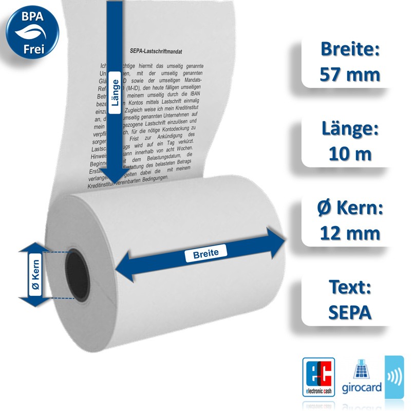 Thermorollen 57mm x 10m x 12mm mit Lastschrifttext auf der Rückseite